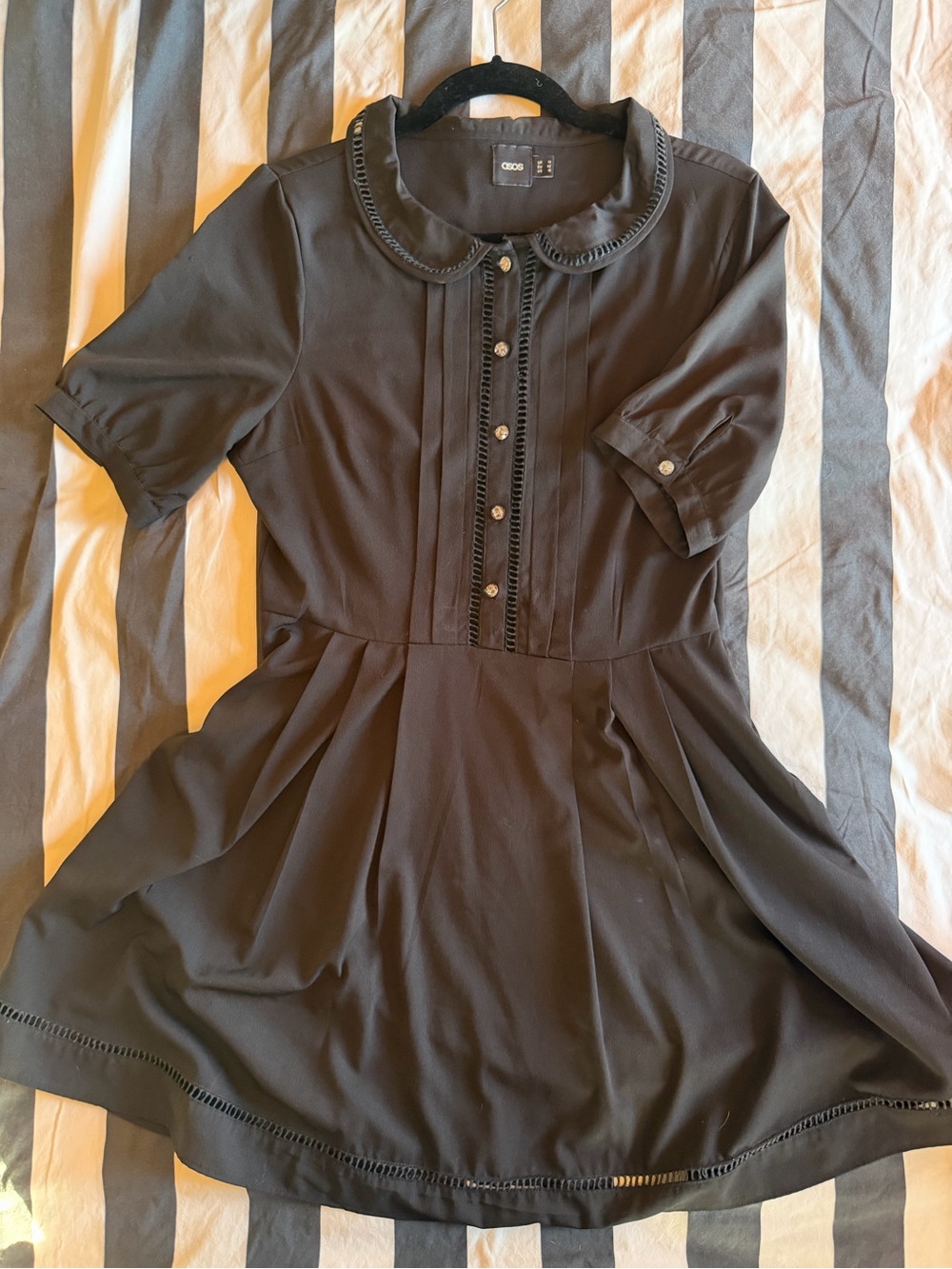 ASOS Black Peter Pan Collar Skater Dress Mini Short Sleeve Sz 10 (UK 14)